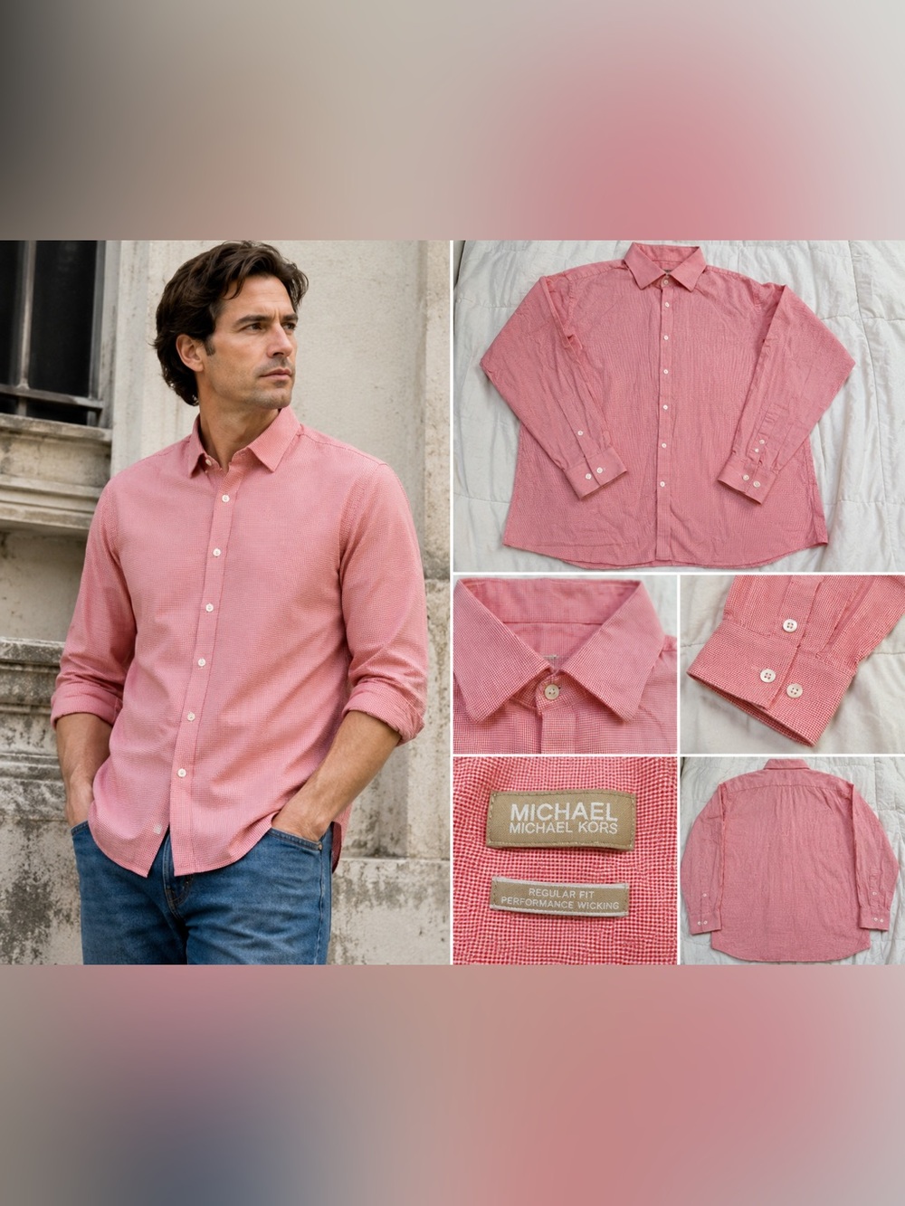 Michael Michael Kors Regular Fit Performance Wicking Dress Shirt 17 34/35 Coral